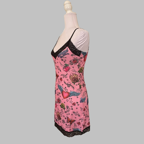 Dolls Kill Delias Tattoo Print Lace Trim Mini Slip Dress - Picture 4 of 8